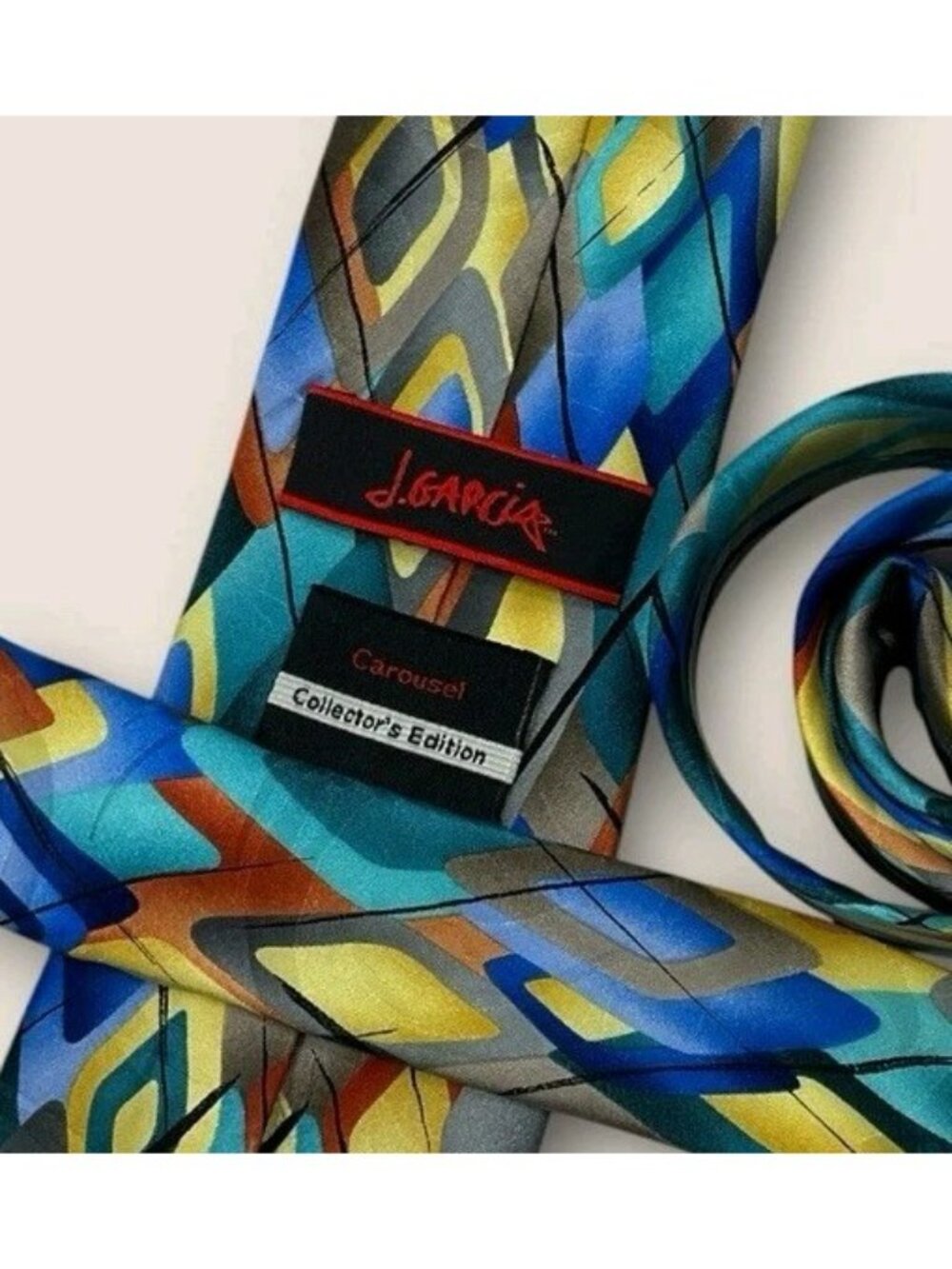J. GARCIA Silk Tie XL Blue Green Orange Art W:3.5" EUC - Picture 2 of 5